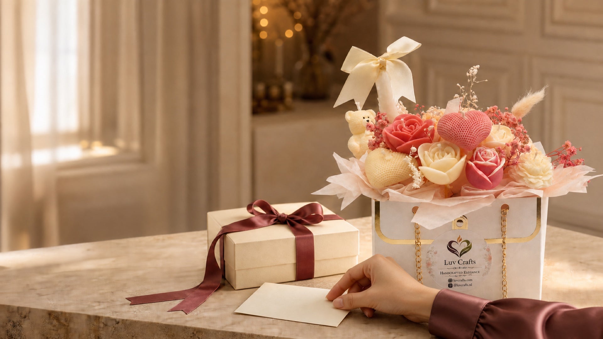 A floral candle bouquet being offered as a meaningful gift