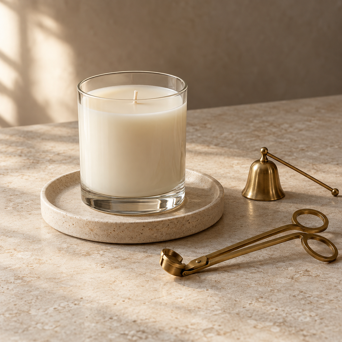 Illustrative plain jar candle on a ceramic saucer, with a wick trimmer and snuffer