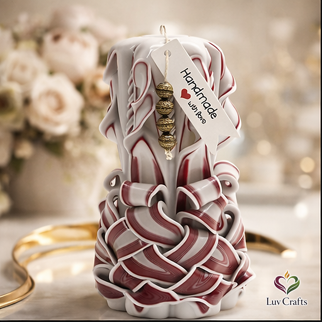 Crimson Ivory Weave Ribbons – Hand-Carved Luxury Candle