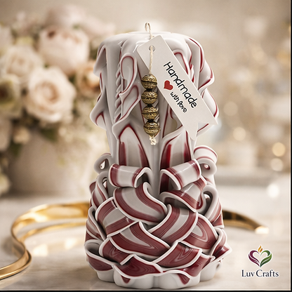 Crimson Ivory Weave Ribbons – Hand-Carved Luxury Candle