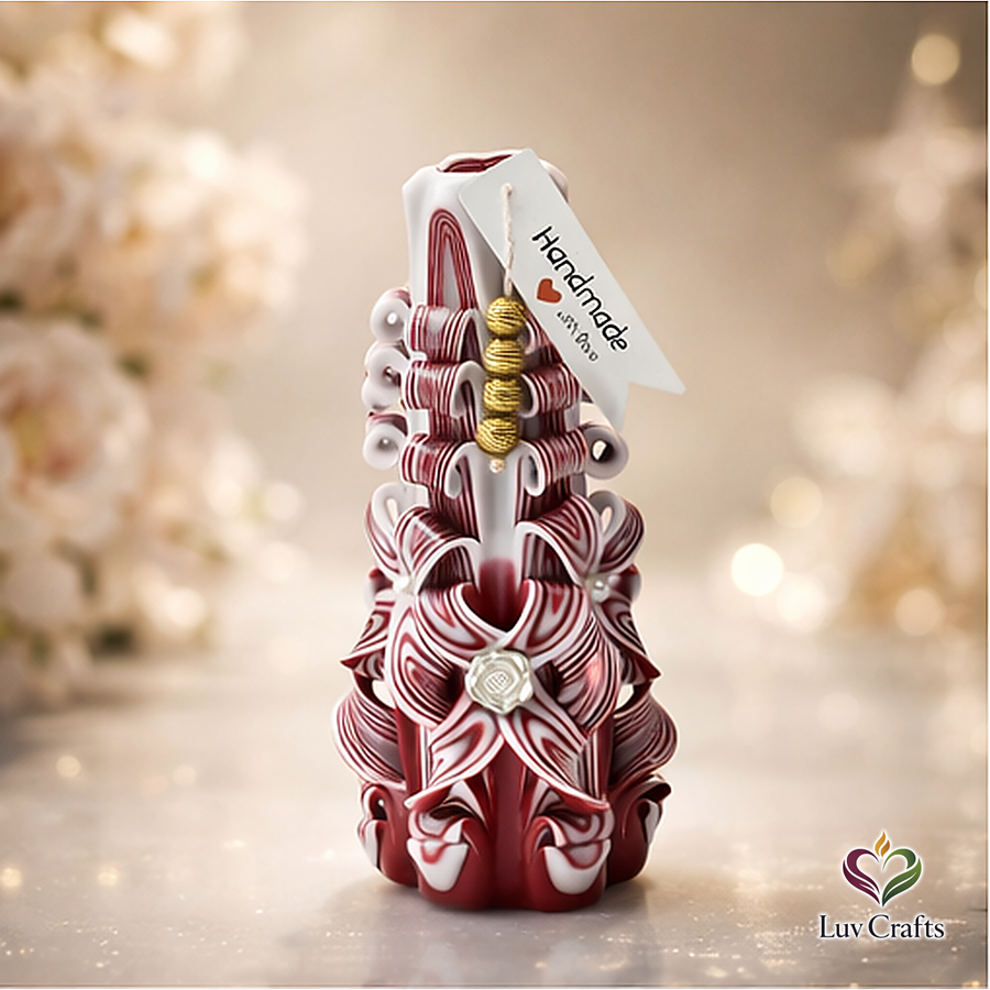 Scarlet Stripe Ribbons – Large Hand-Carved Luxury Candle