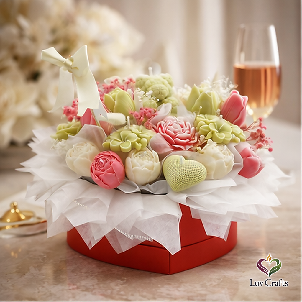 Spring Pastel Heart Bloom – Luxury Flower Candle Bouquet