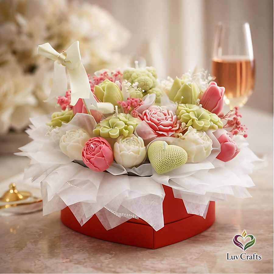 Spring Pastel Heart Bloom – Luxury Flower Candle Bouquet