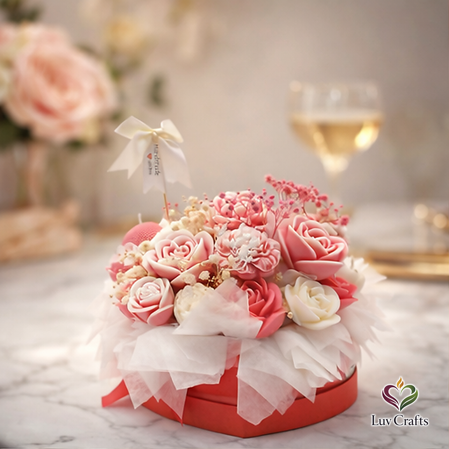 Blush Rose Heart Bloom – Luxury Flower Candle Bouquet
