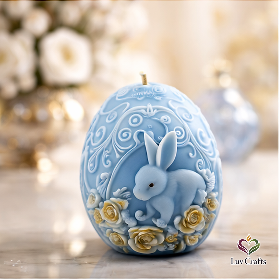 Light Blue Easter Egg Candle – Bunny with Golden Floral Accents