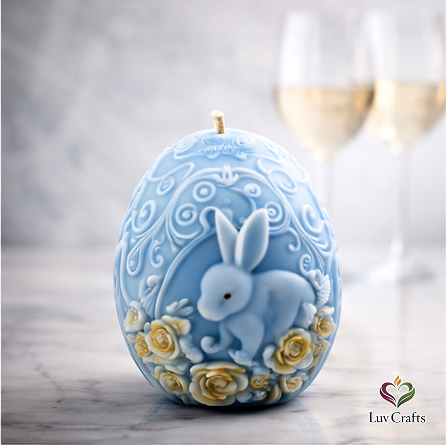 Light Blue Easter Egg Candle – Bunny with Golden Floral Accents