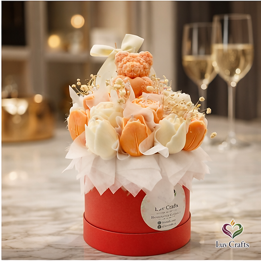 Peach Tulip Bloom Box – Luxury Flower Candle Bouquet