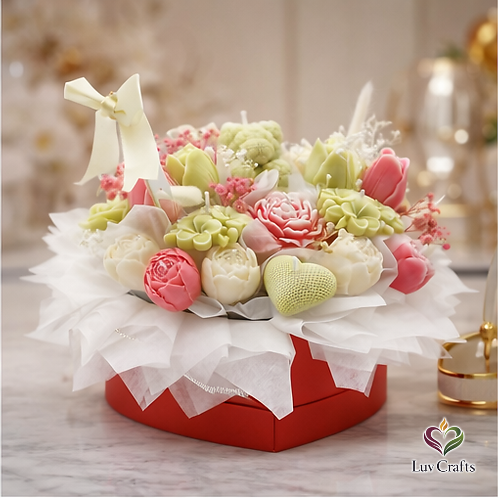 Spring Pastel Heart Bloom – Luxury Flower Candle Bouquet