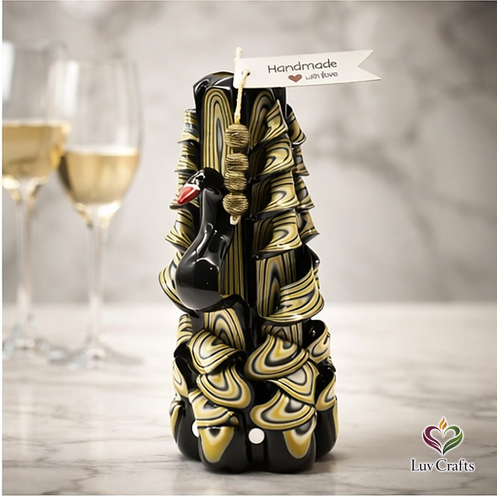 Obsidian Gold Swan Ribbons – Hand-Carved Luxury Candle