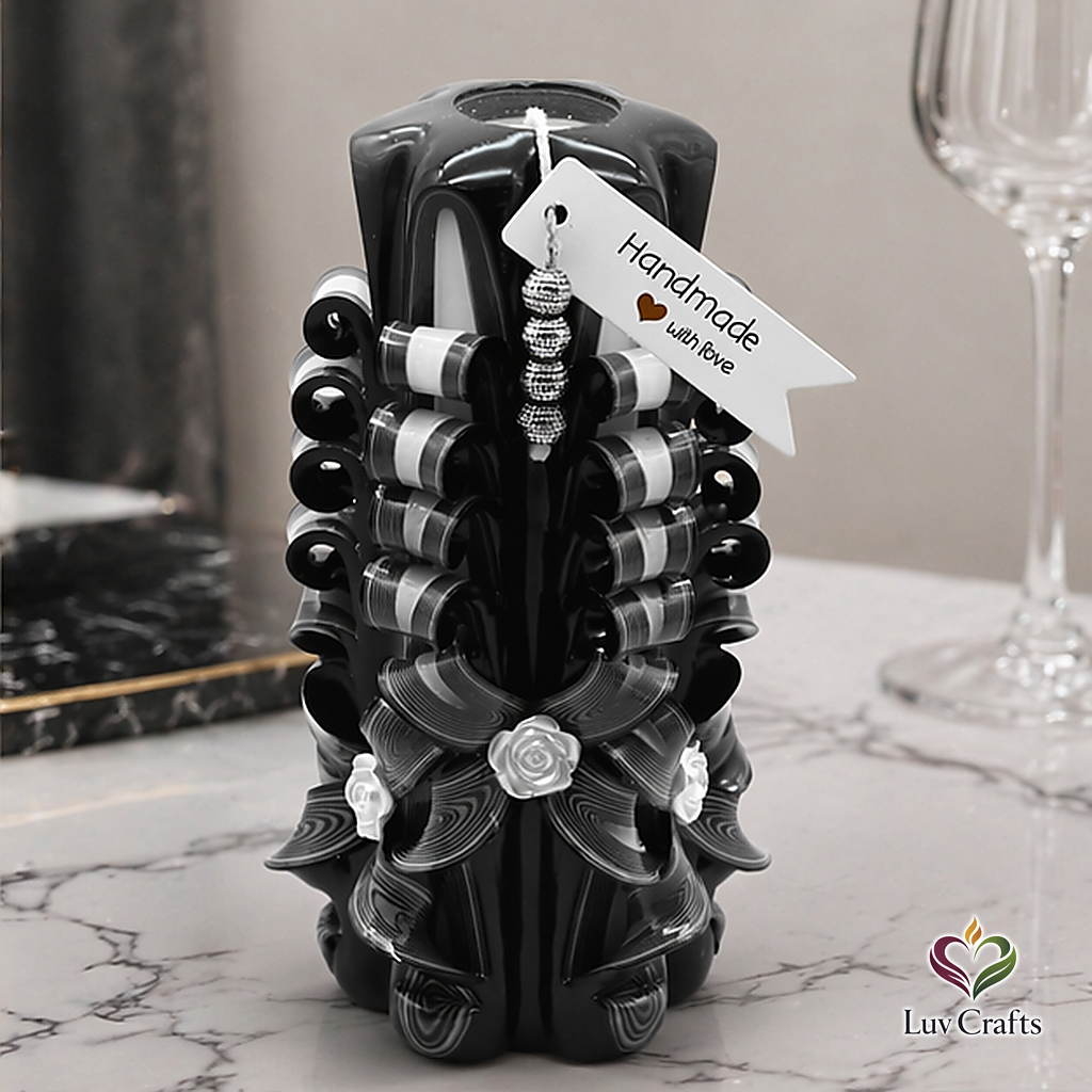 Obsidian Ivory Ribbons – Extra Large Hand-Carved Luxury Candle