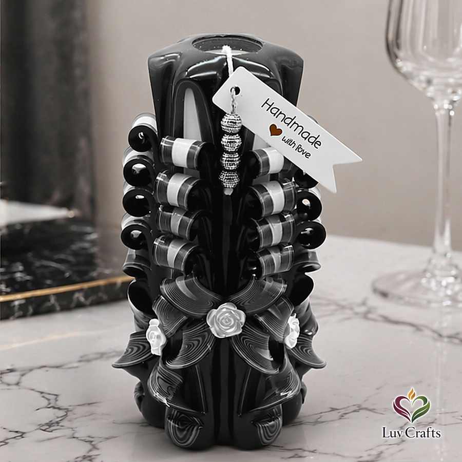 Obsidian Ivory Ribbons – Extra Large Hand-Carved Luxury Candle