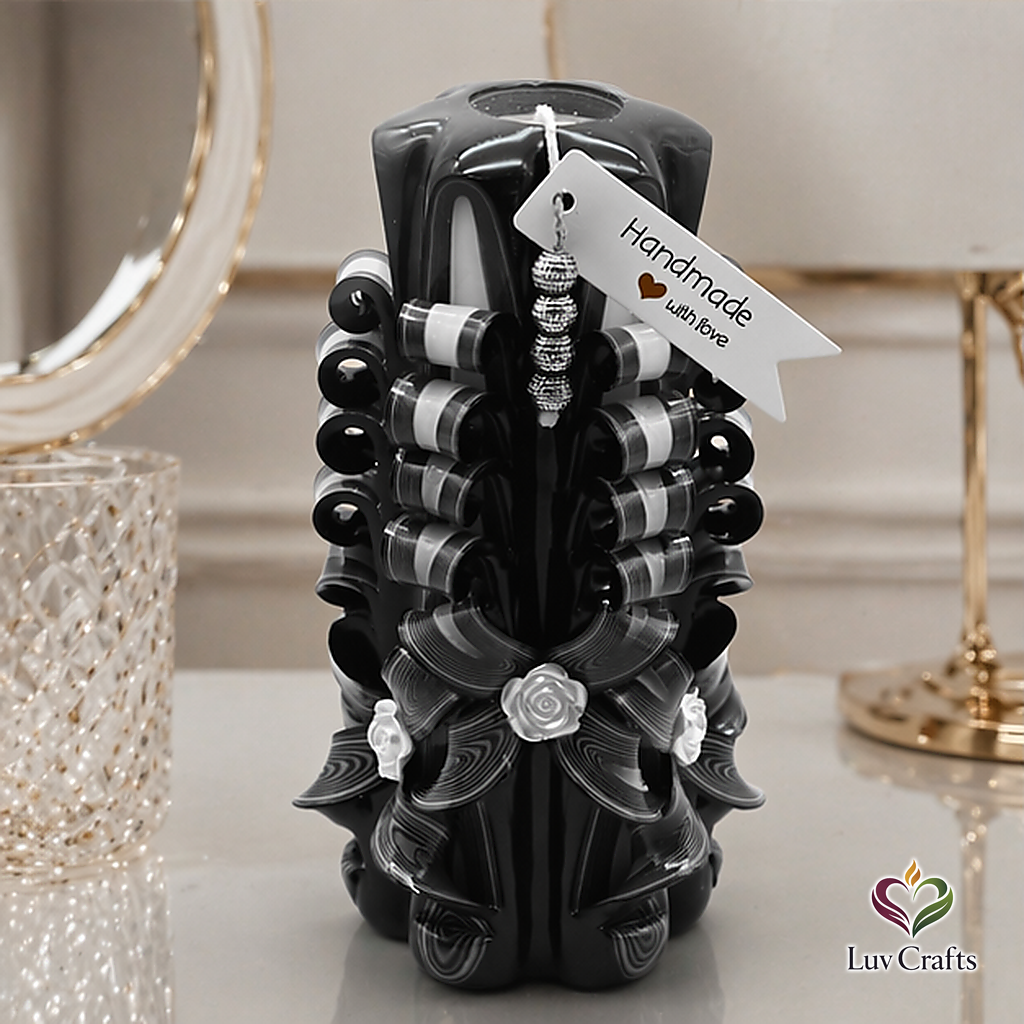 Obsidian Ivory Ribbons – Extra Large Hand-Carved Luxury Candle