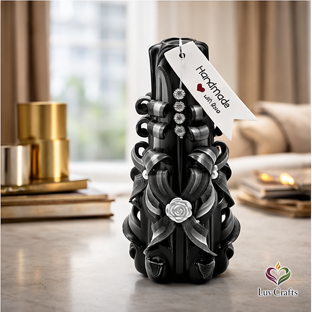 Obsidian Ivory Ribbons – Medium Hand-Carved Luxury Candle