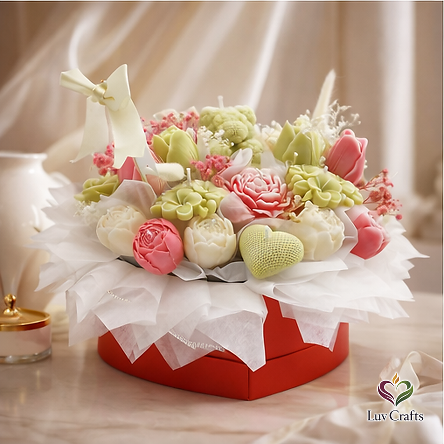 Spring Pastel Heart Bloom – Luxury Flower Candle Bouquet