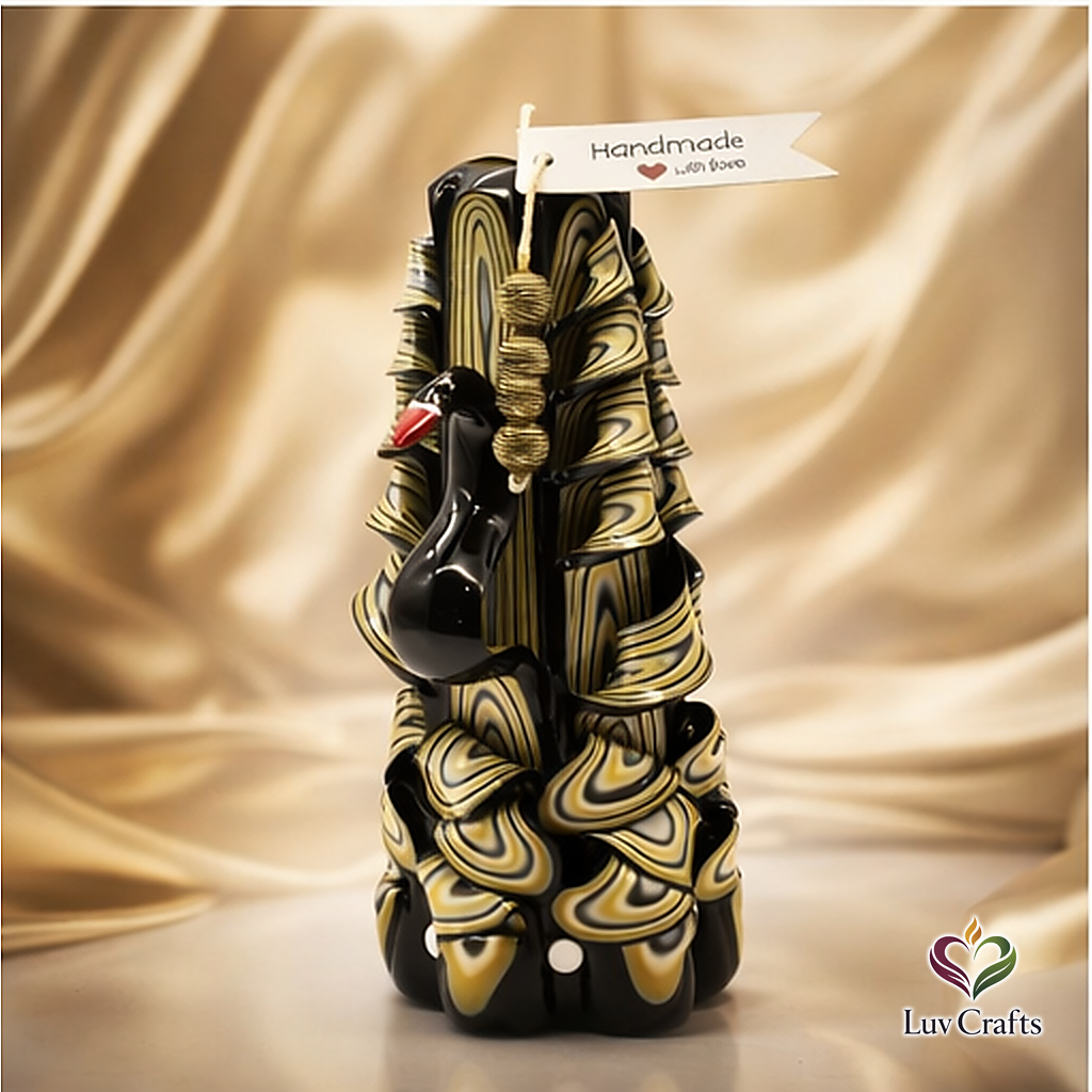 Obsidian Gold Swan Ribbons – Hand-Carved Luxury Candle