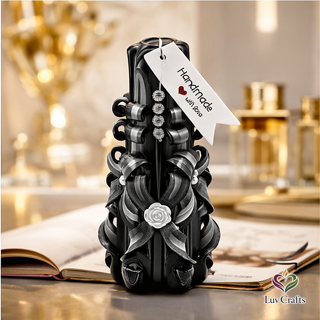 Obsidian Ivory Ribbons – Medium Hand-Carved Luxury Candle