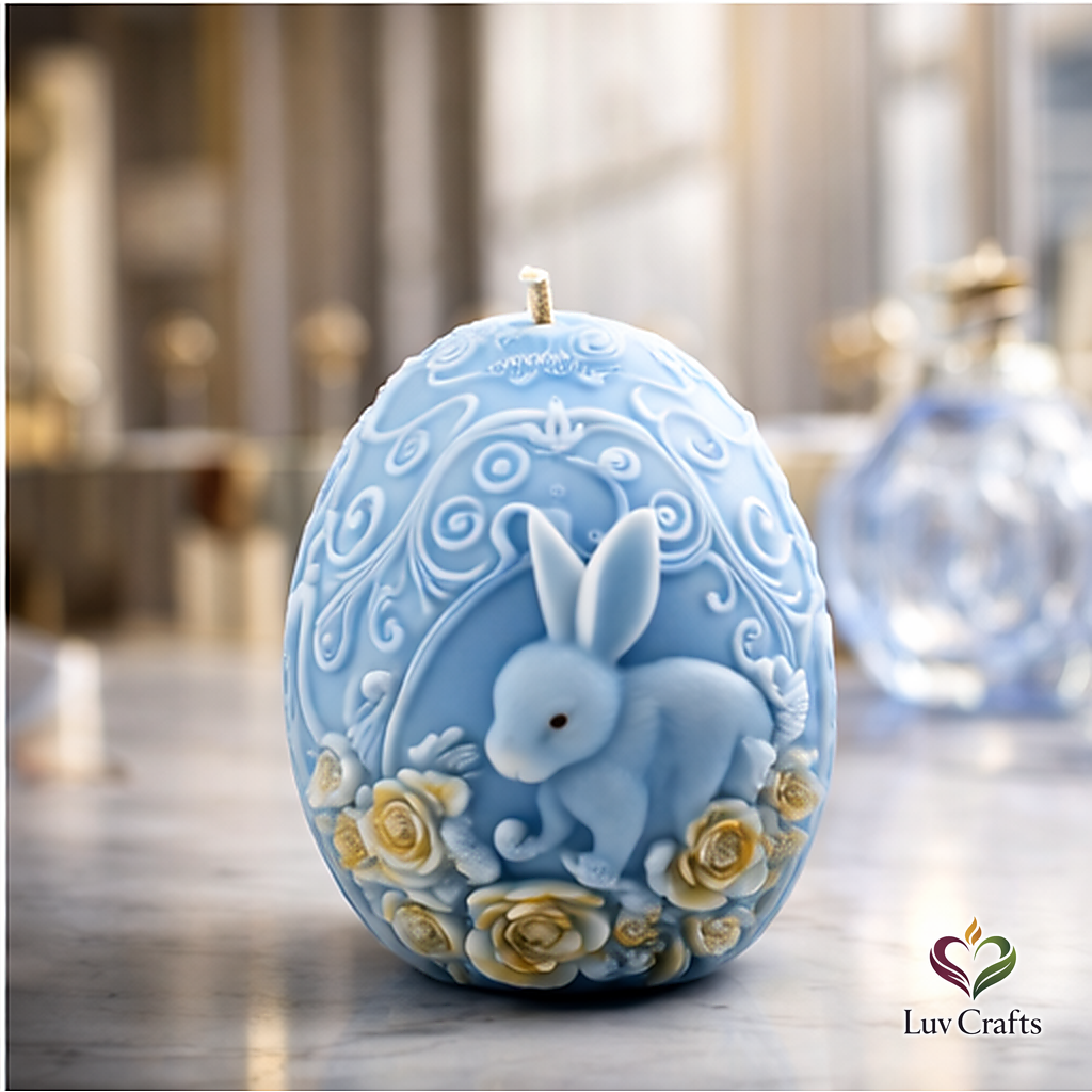 Light Blue Easter Egg Candle – Bunny with Golden Floral Accents