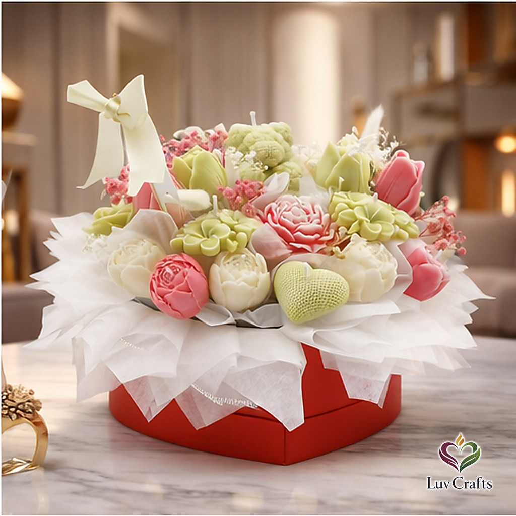 Spring Pastel Heart Bloom – Luxury Flower Candle Bouquet