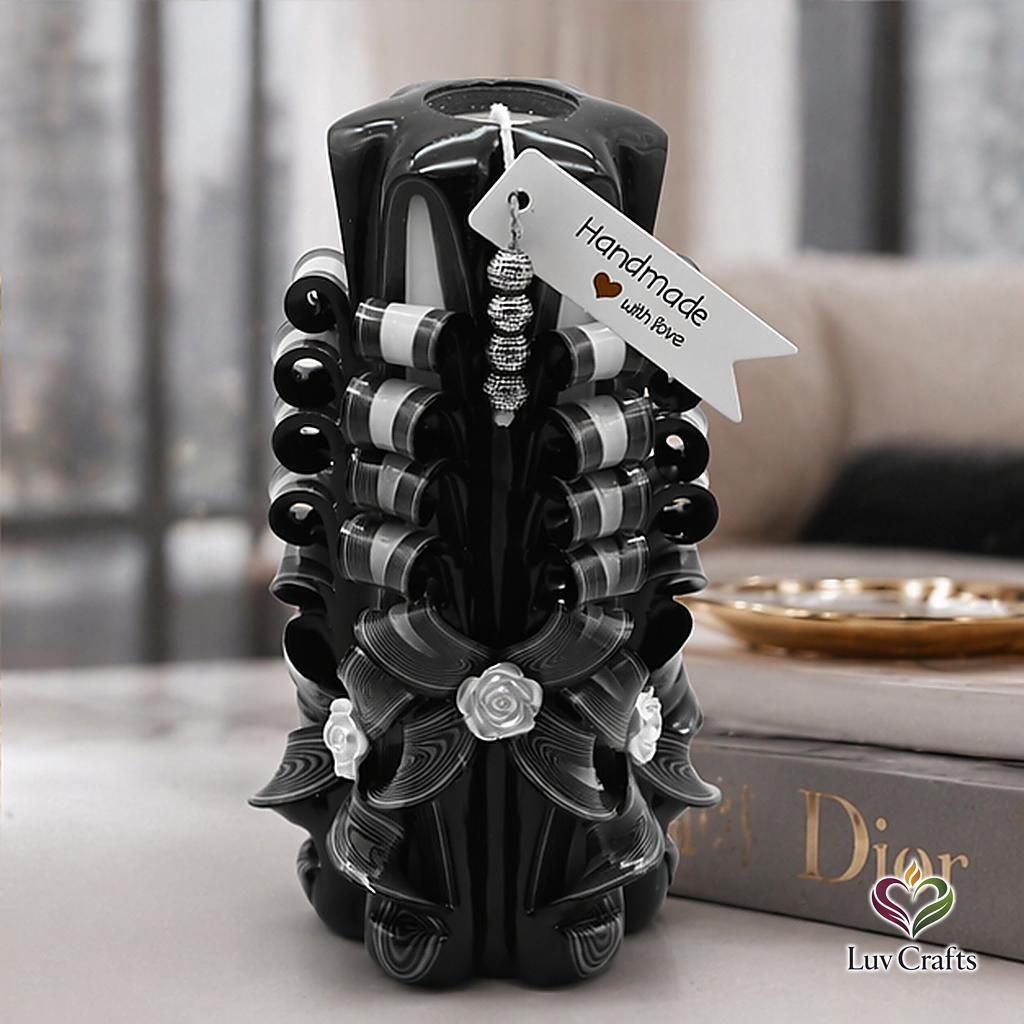 Obsidian Ivory Ribbons – Extra Large Hand-Carved Luxury Candle