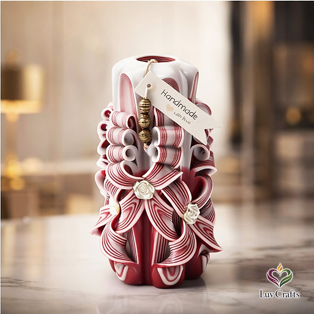 Scarlet Stripe Ribbons – Extra Large Hand-Carved Luxury Candle
