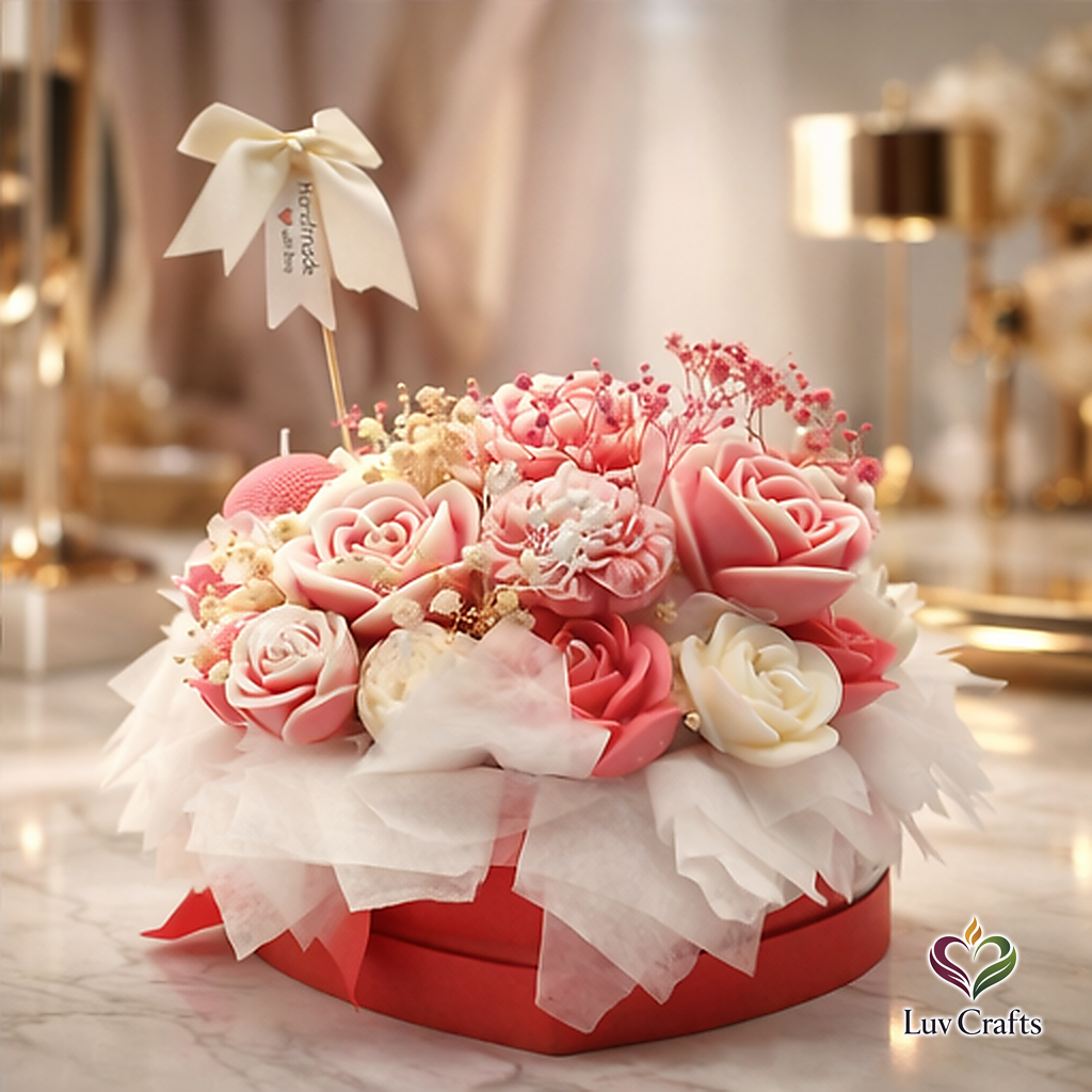 Blush Rose Heart Bloom – Luxury Flower Candle Bouquet