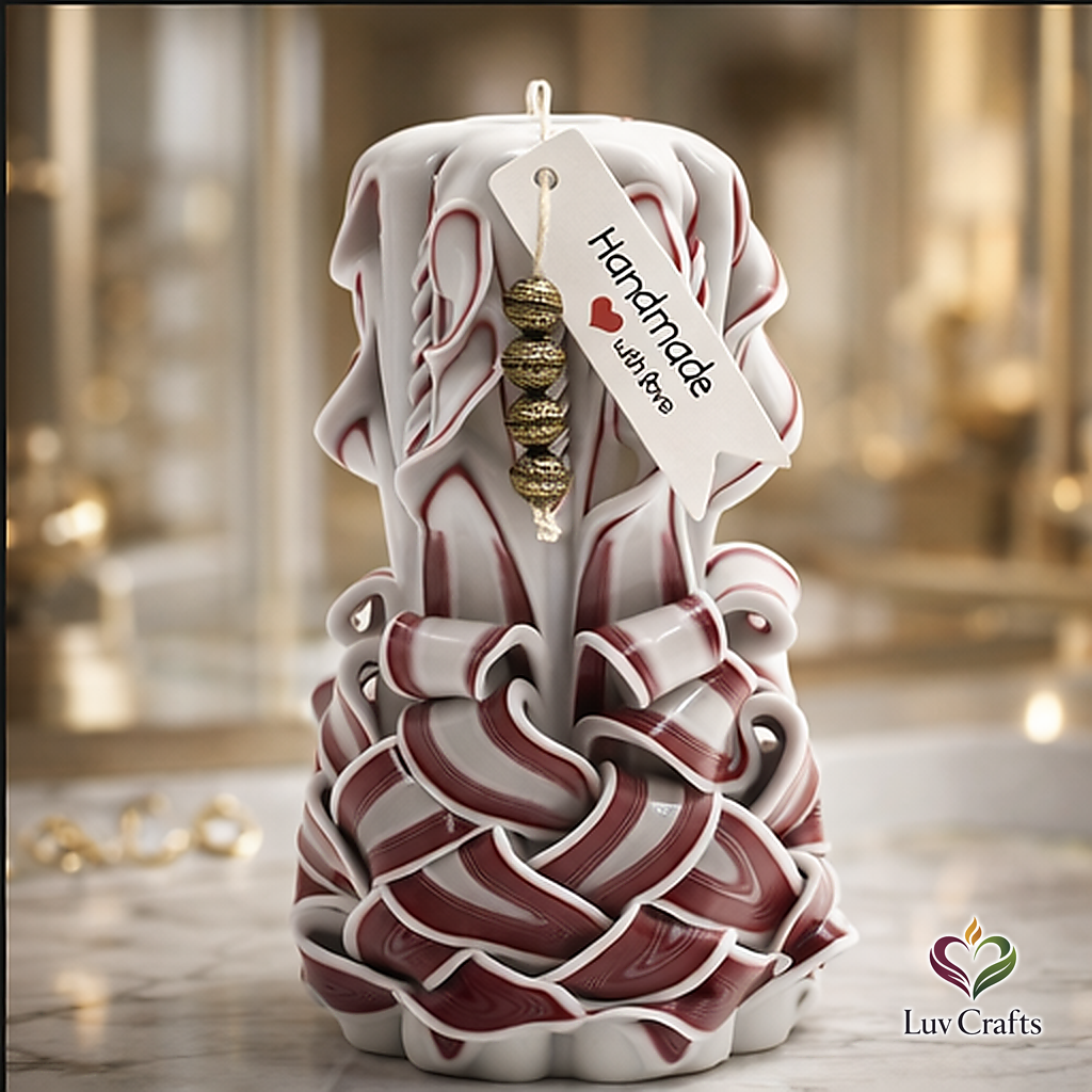 Crimson Ivory Weave Ribbons – Hand-Carved Luxury Candle