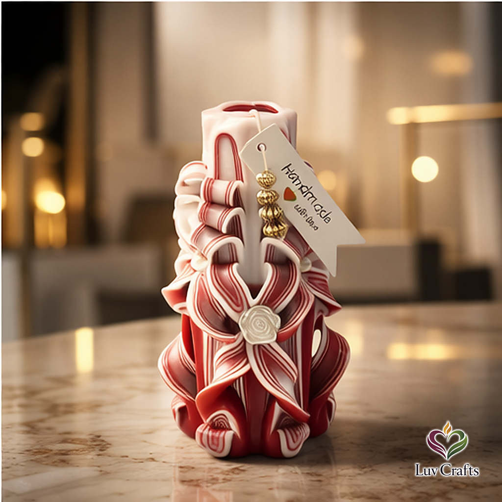 Scarlet Stripe Ribbons – Medium Hand-Carved Luxury Candle
