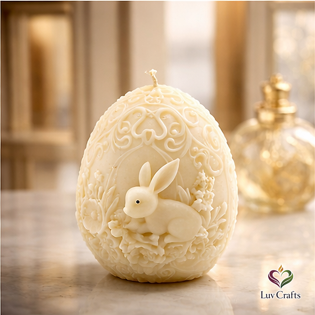 Ivory Easter Egg Candle – Bunny Floral Sculpted Luxury Edition