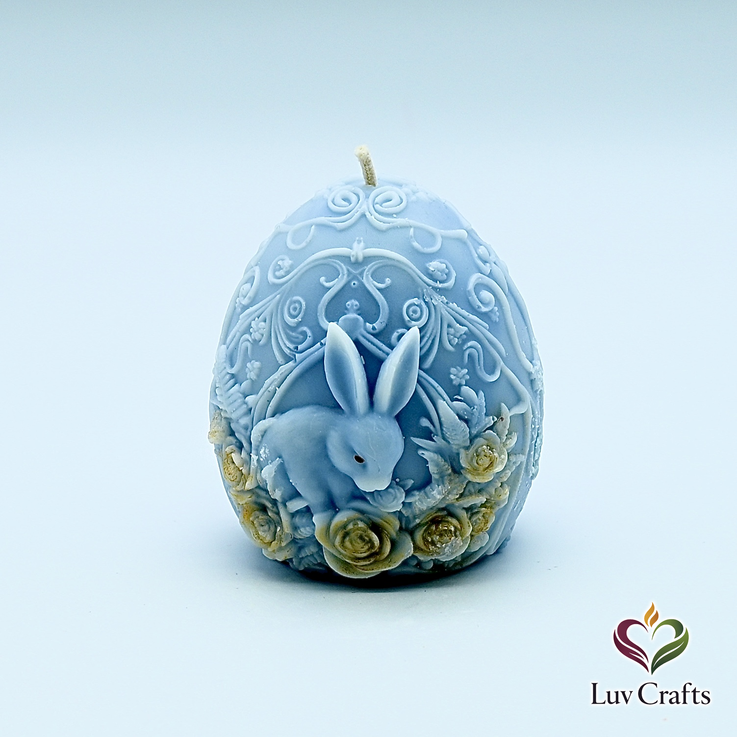 Light Blue Easter Egg Candle – Bunny with Golden Floral Accents