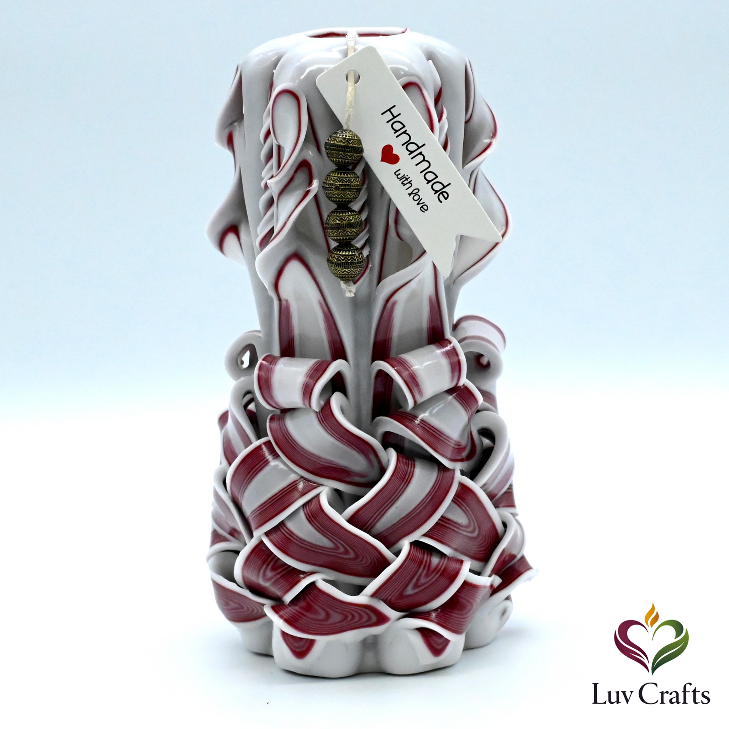 Crimson Ivory Weave Ribbons – Hand-Carved Luxury Candle
