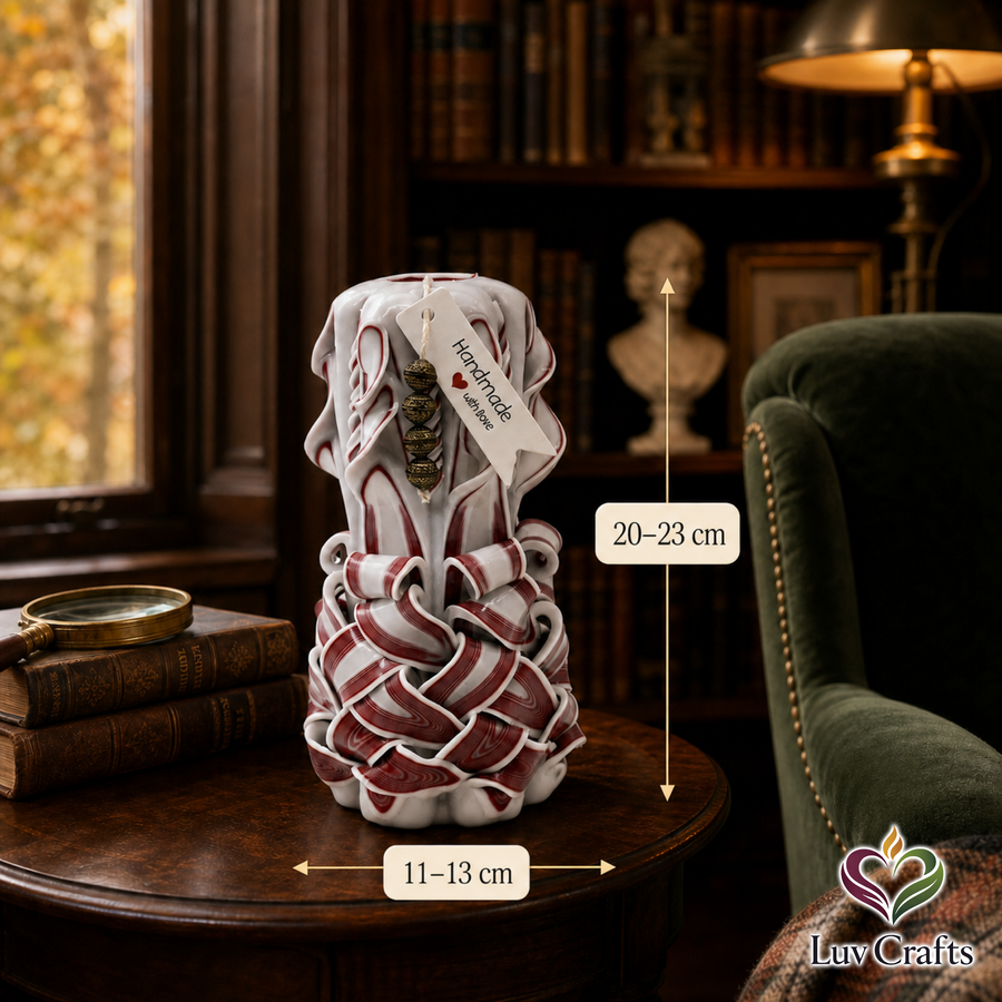 Crimson Ivory Weave Ribbons – Hand-Carved Luxury Candle