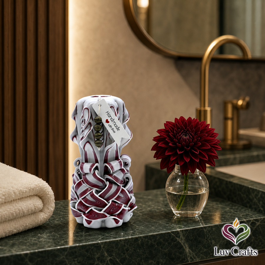 Crimson Ivory Weave Ribbons – Hand-Carved Luxury Candle