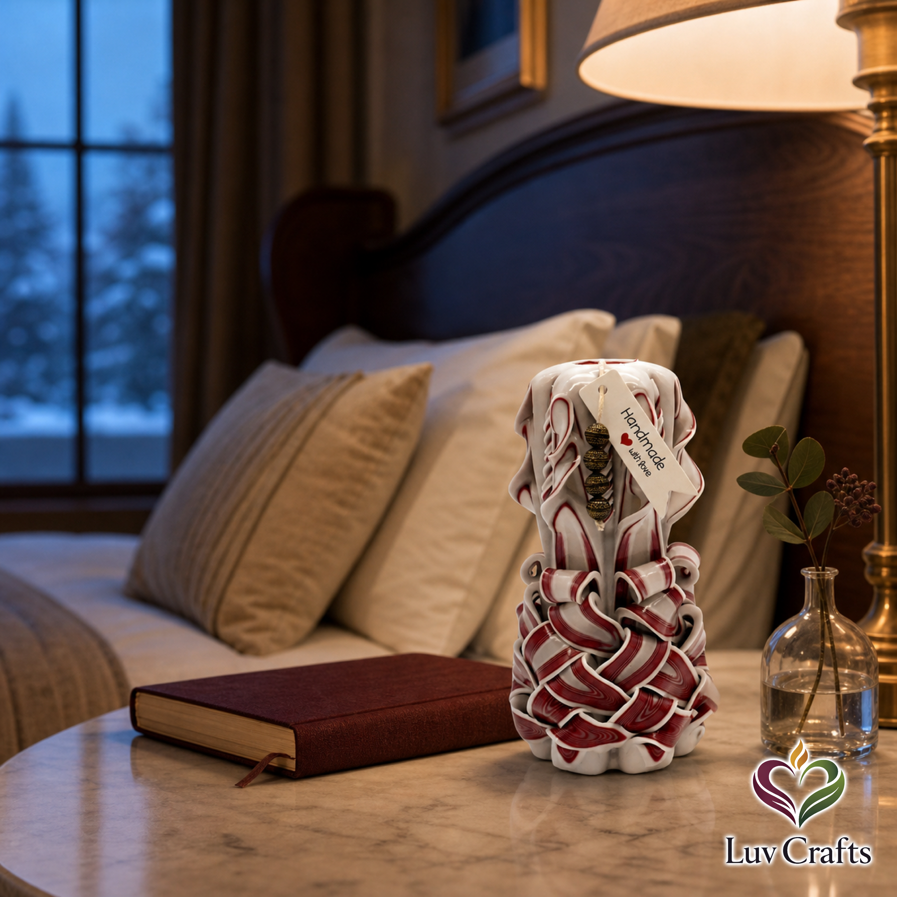 Crimson Ivory Weave Ribbons – Hand-Carved Luxury Candle