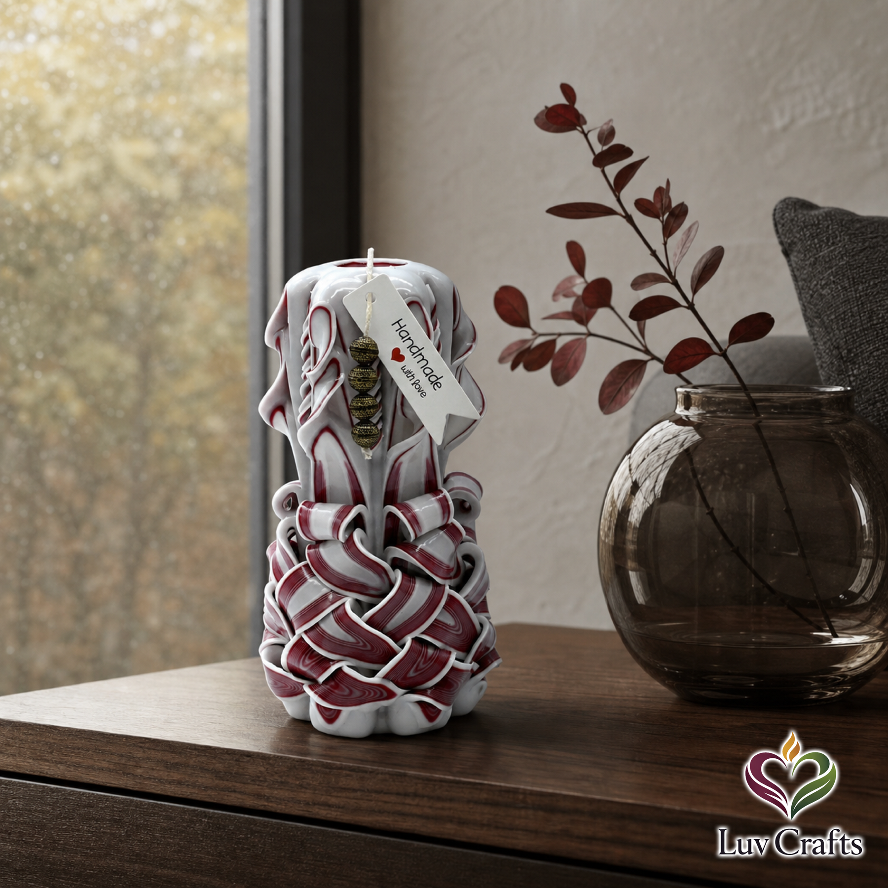 Crimson Ivory Weave Ribbons – Hand-Carved Luxury Candle