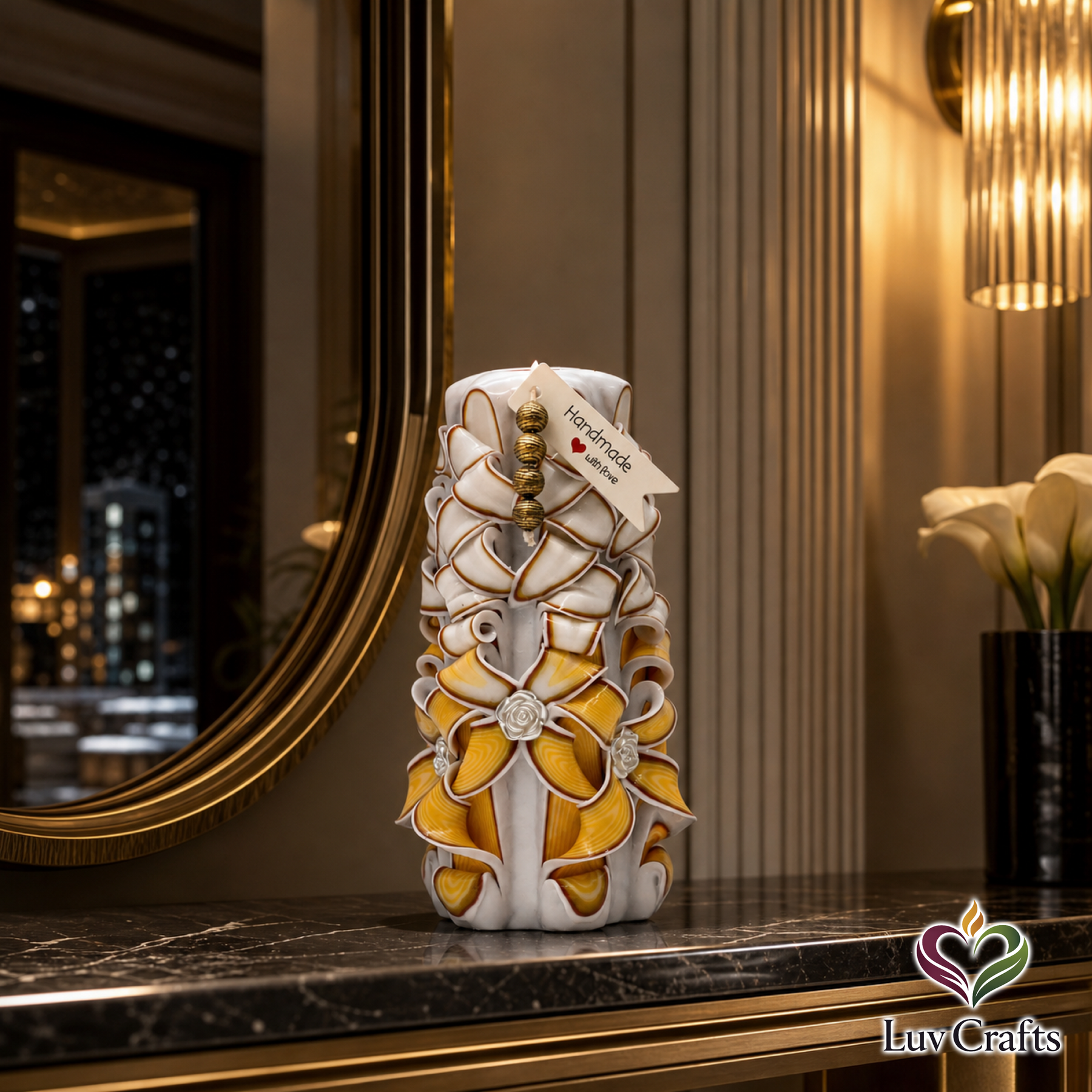 Golden Ivory Ribbons – Hand-Carved Luxury Candle