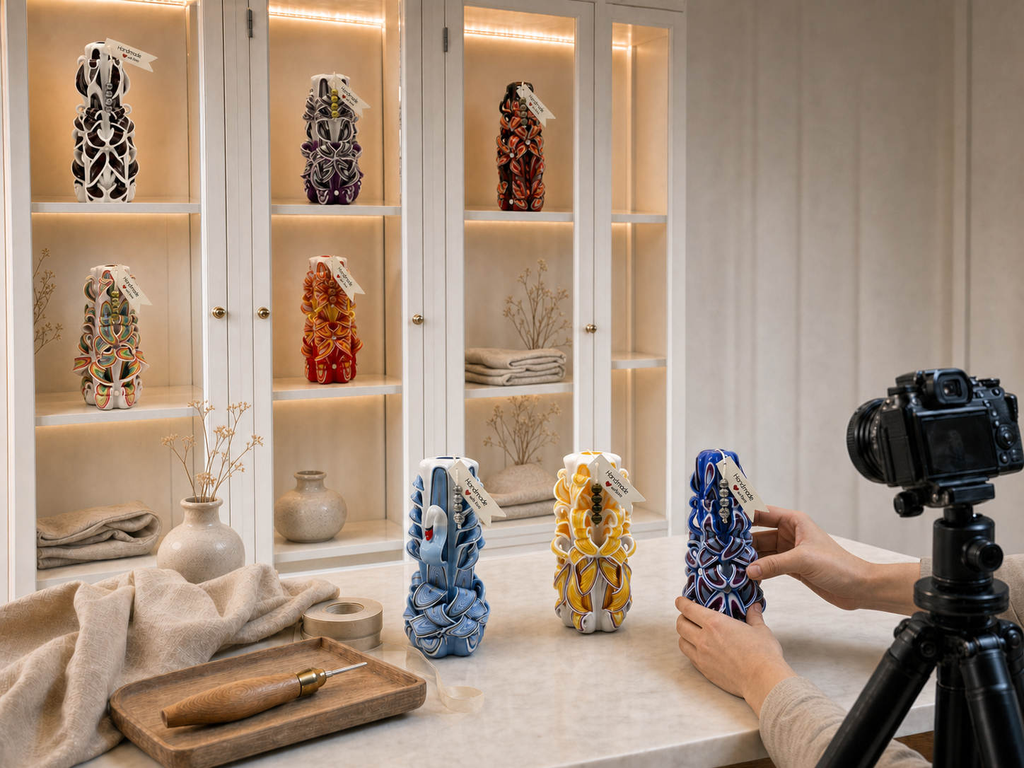 The Luv Crafts Netherlands atelier with eight distinct hand-carved candles, illuminated display cabinets and a camera