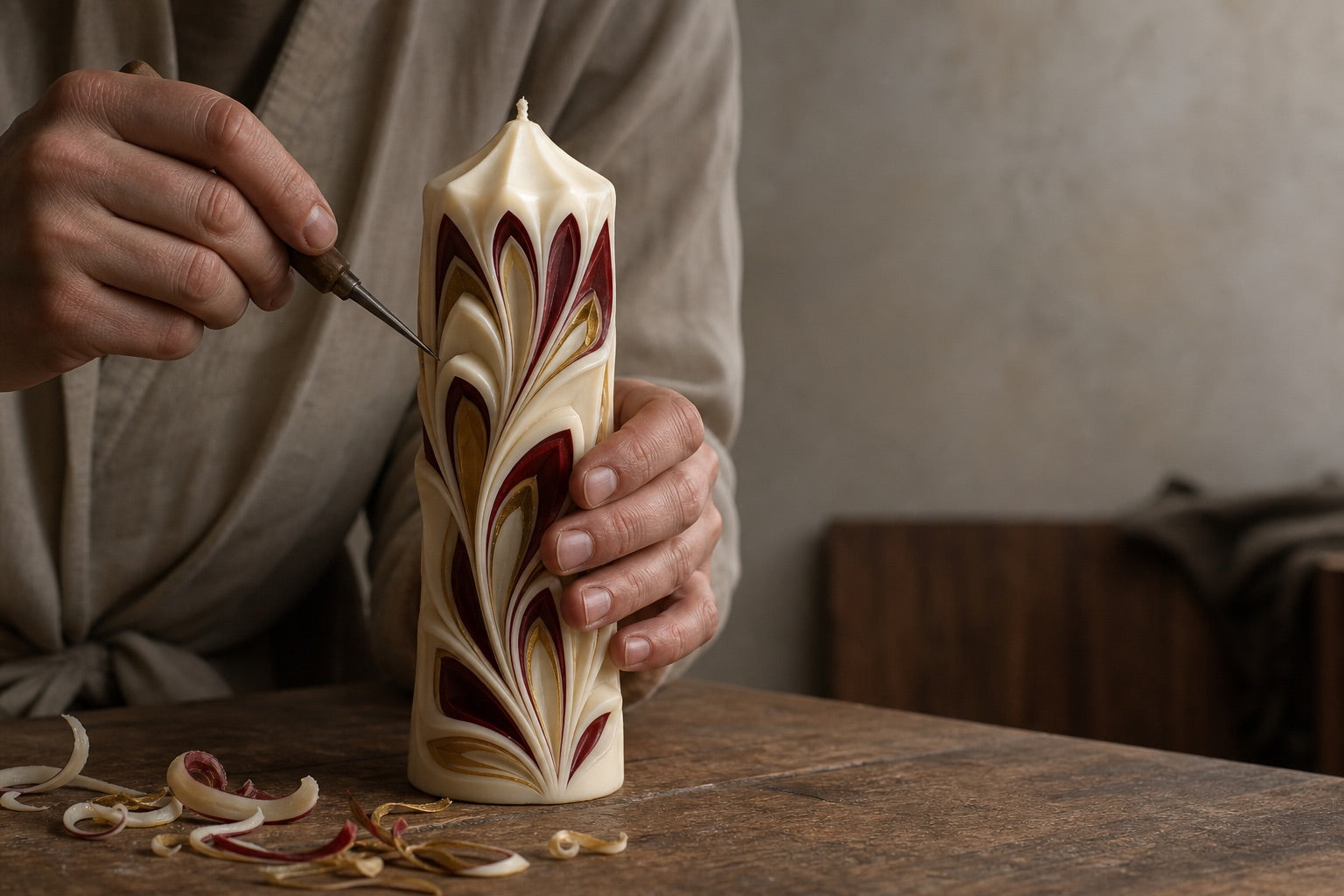 An artisan carving a layered Luv Crafts candle by hand