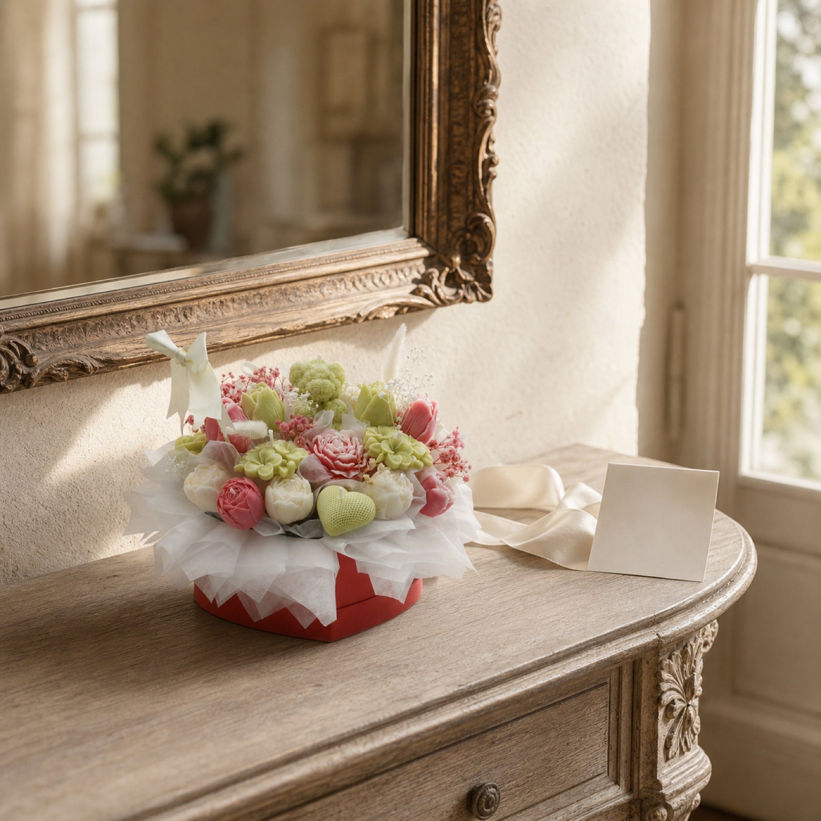 A handcrafted floral candle arrangement presented as a meaningful gift