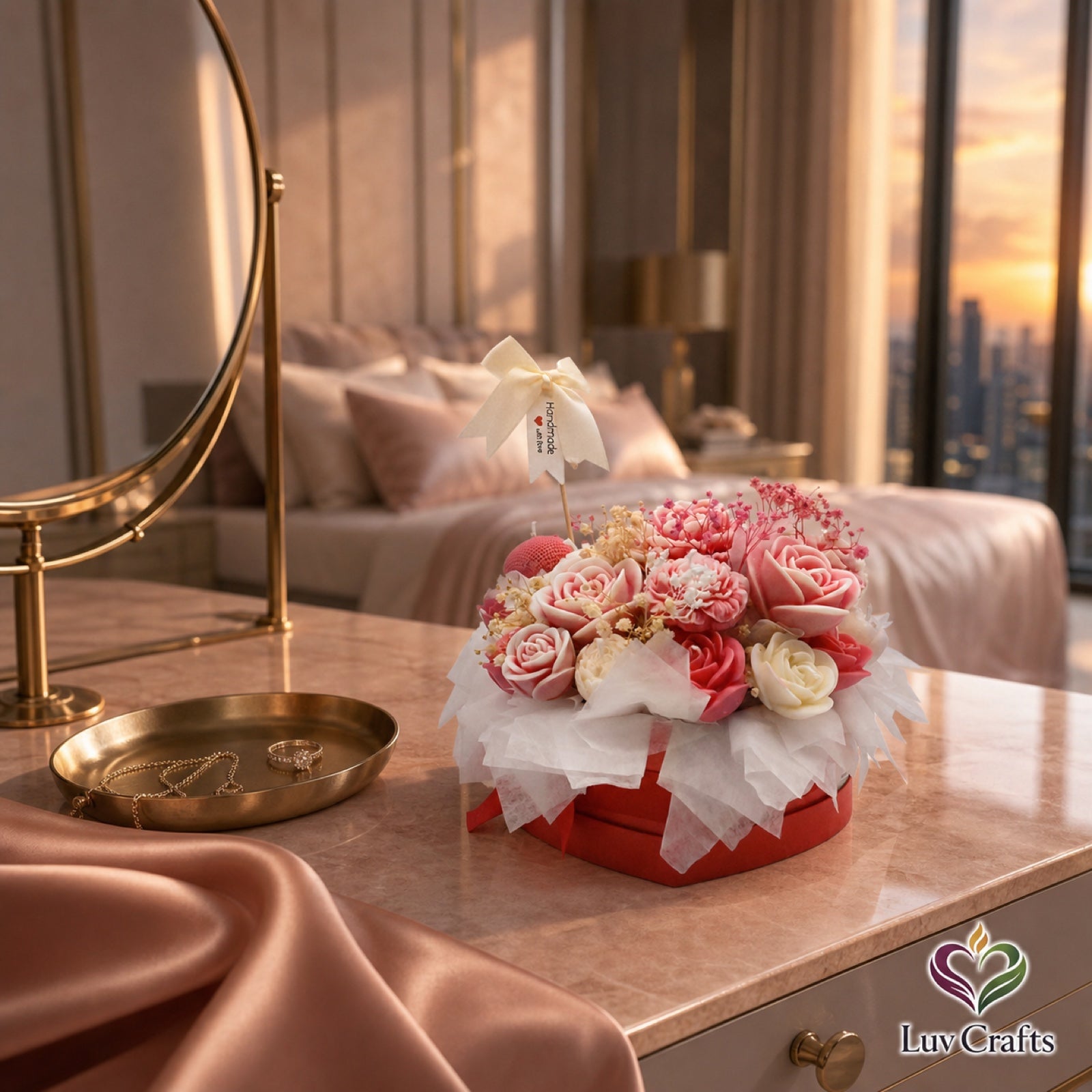 An original Blush Rose Heart Bloom candle bouquet