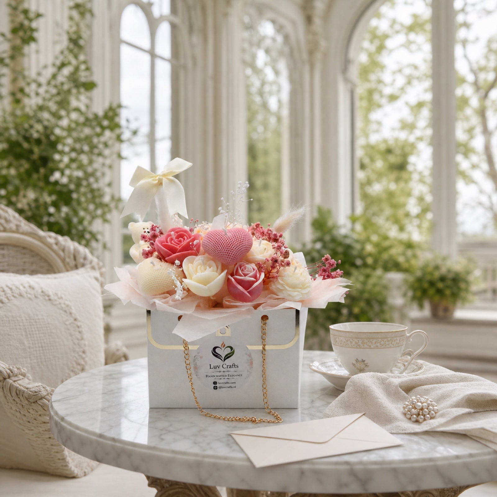 An original Blush Ivory Bloom Bag candle bouquet