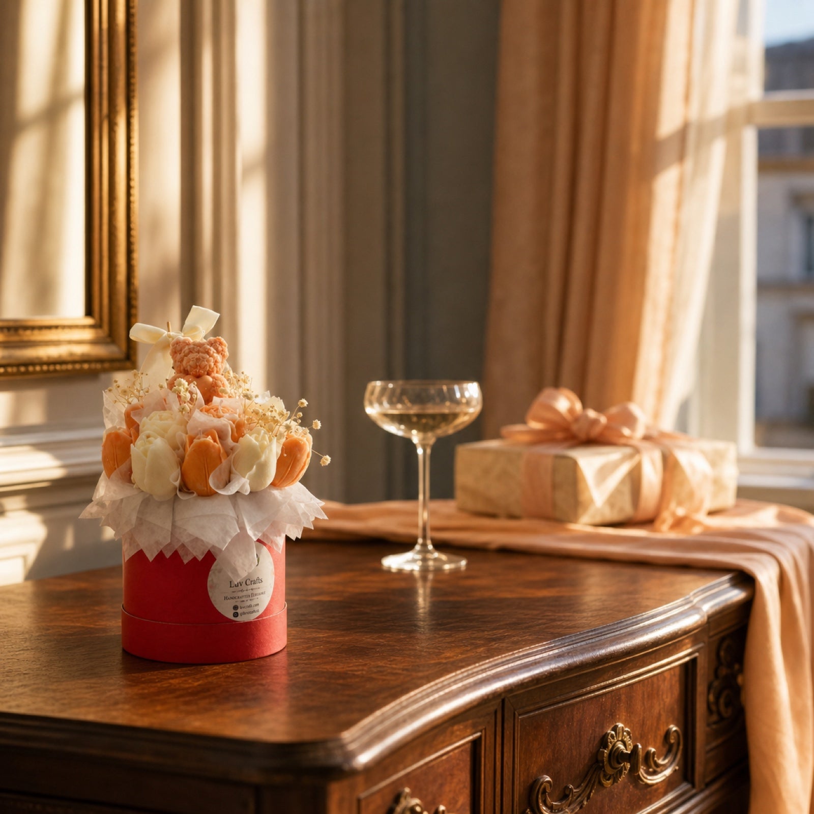 An original Peach Tulip Bloom Box candle bouquet