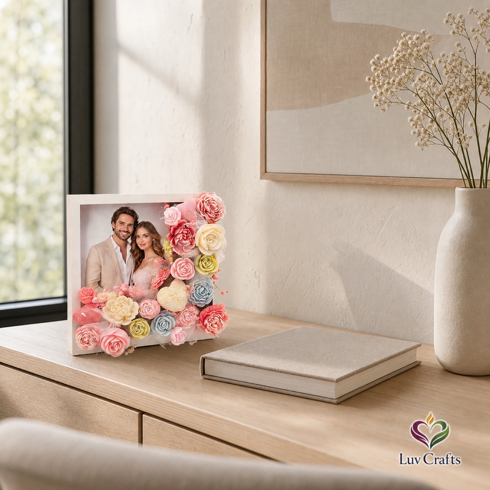 An original personalised Blossom Frame with soy wax flowers