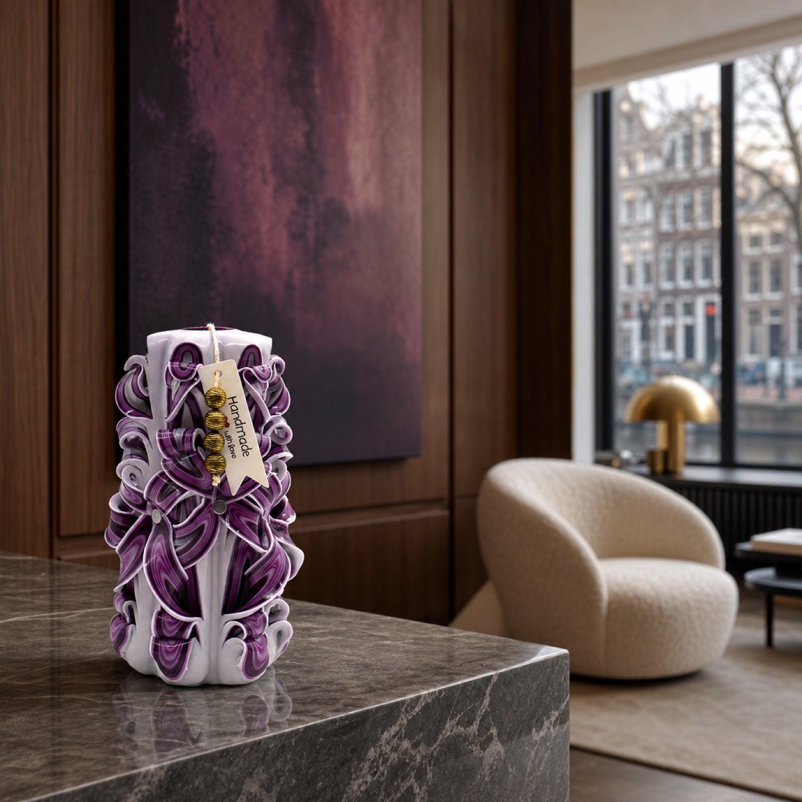 Distinct hand-carved Luv Crafts candles showing their individual patterns