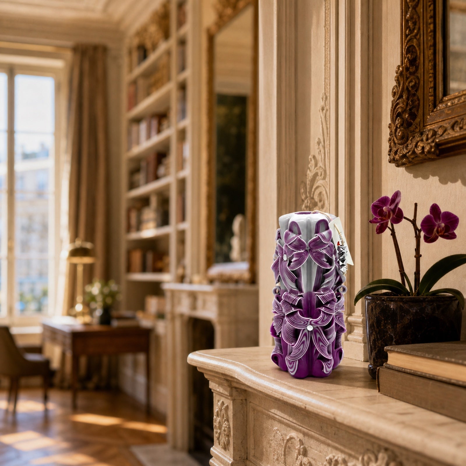 An original Royal Purple carved candle